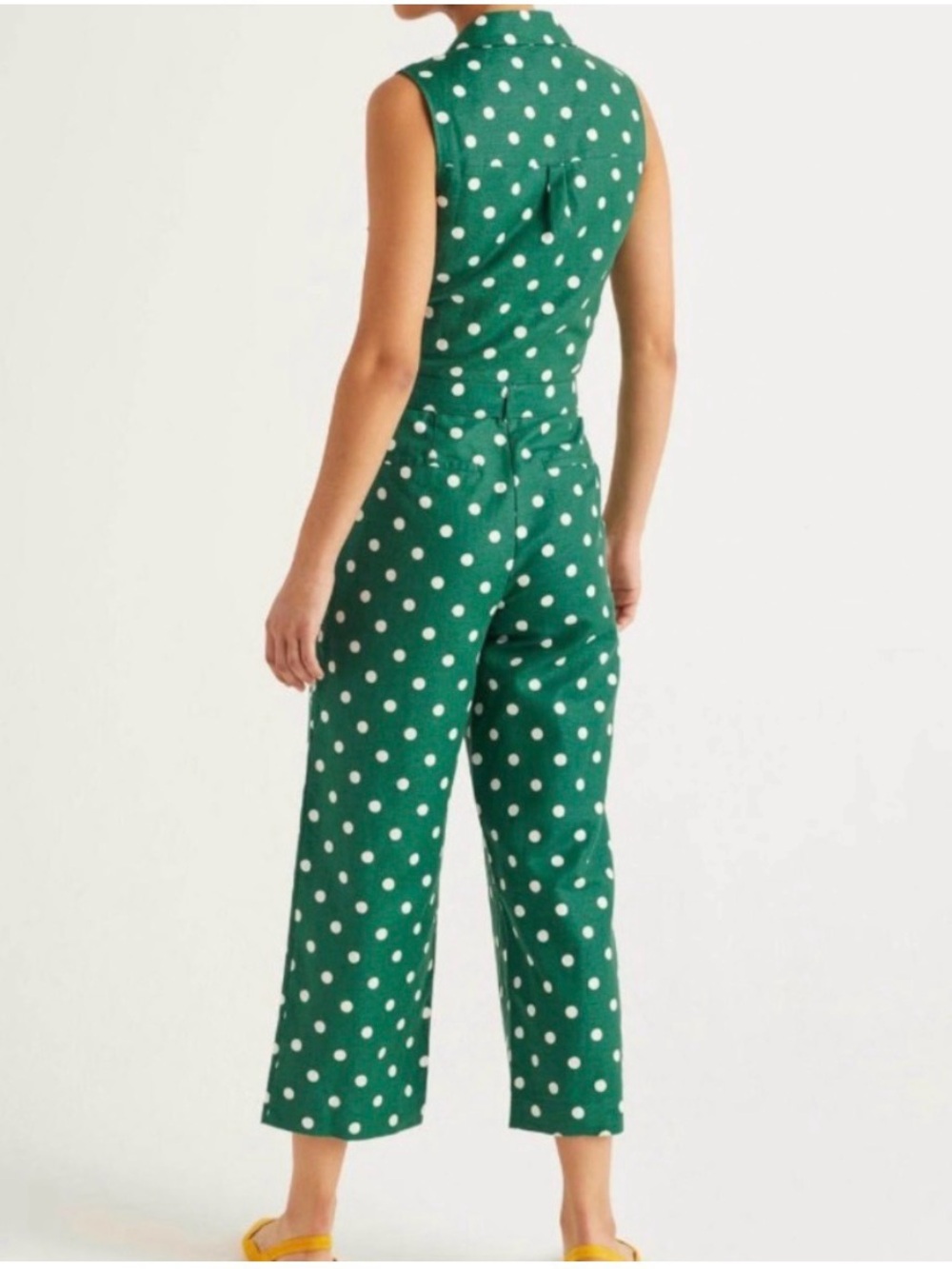 Boden Revere Collar Jumpsuit Green Polka Dot Cropped Wide Leg Sz 12 Sleeveless - Picture 3 of 9
